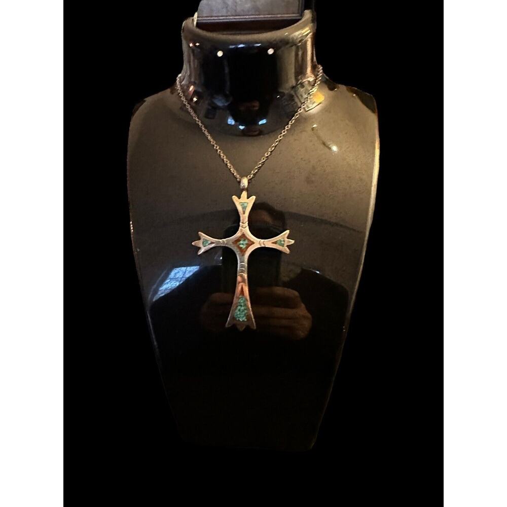 Sterling Native American Cross With Inlaid Red Coral And Turquoise Silver Chain - Picture 12 of 16